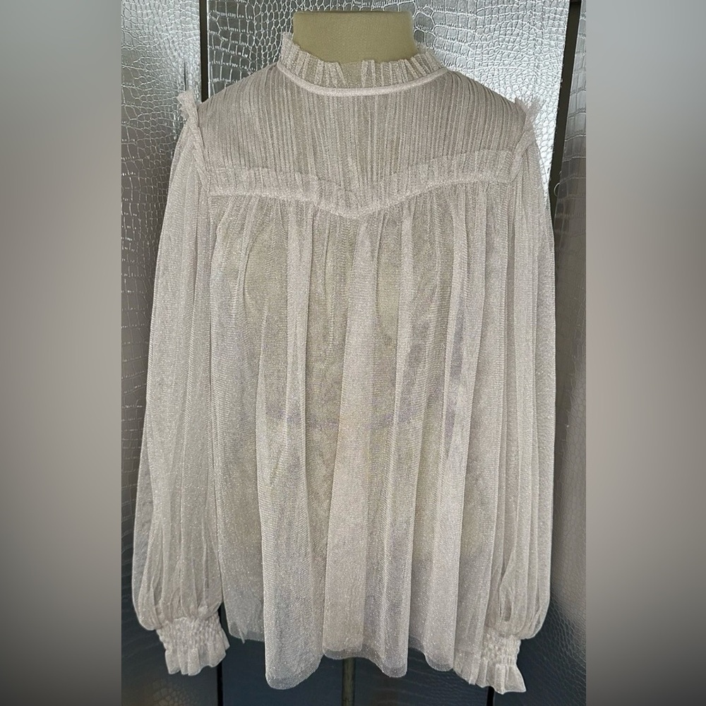 All Saints Mock Neck Ruffled Sheer Pink Shimmer Top 8